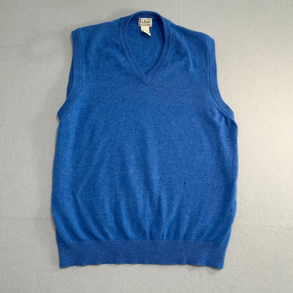 Vintage LL Bean Sweater Vest Mens XL Blue Lambswool V-Neck Ribbed Hem 0 QY80